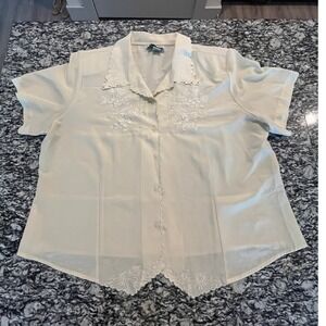 Joanna Cream Floral Embroidered Scallop Hem Button Up Blouse Plus Size 2XL